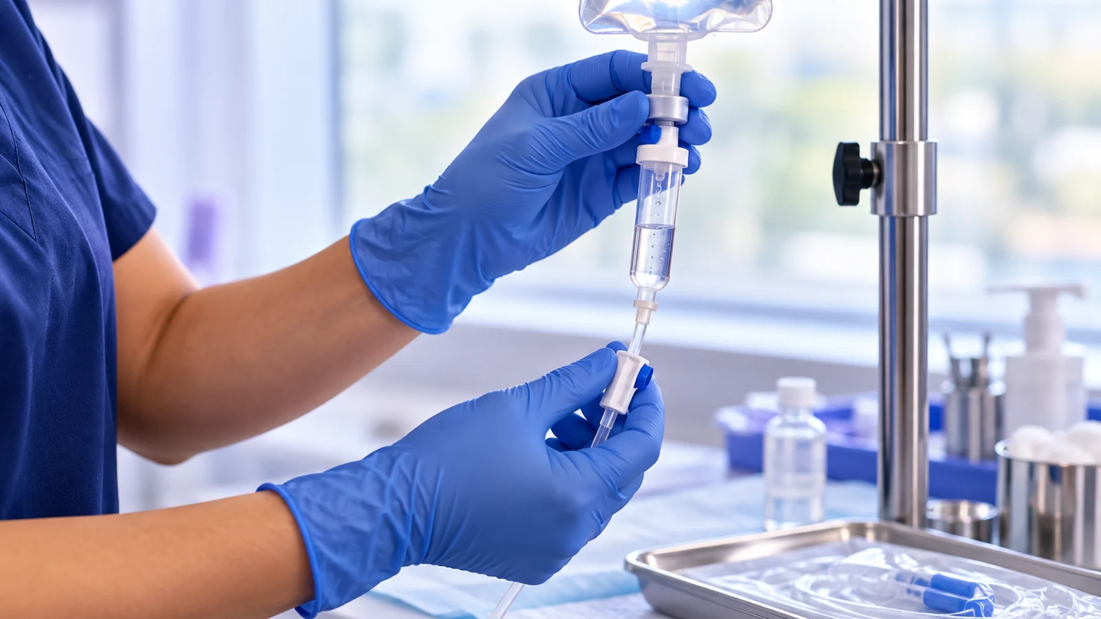 Mãos com luvas preparando equipamento de infusão com técnica cuidadosa