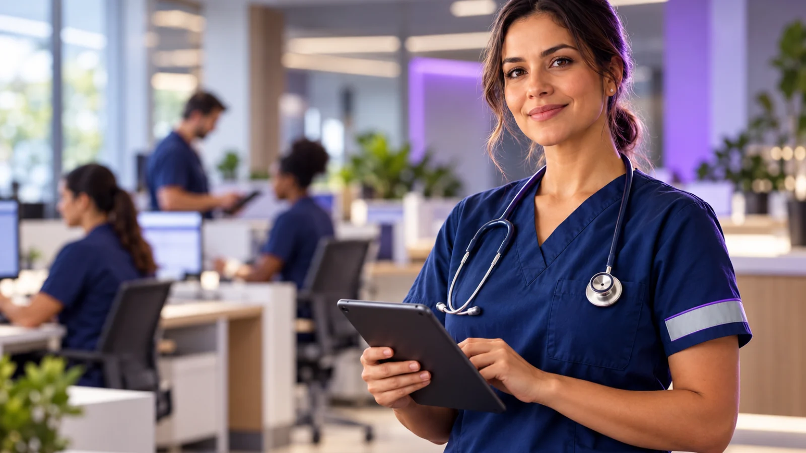 Profissional de enfermagem com tablet em ambiente de trabalho